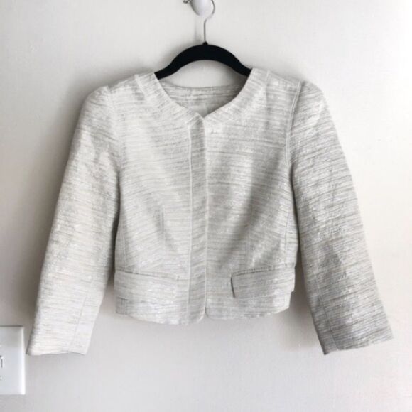 Club Monaco Cropped Textured Tweed Cream Silver Metallic Kate Jacket size 2 - Picture 1 of 7